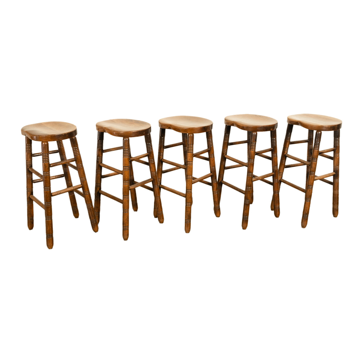 Antique Set of Five Antique Arts & Crafts Turned Elm Bar Sadle Seat Stools 1900
