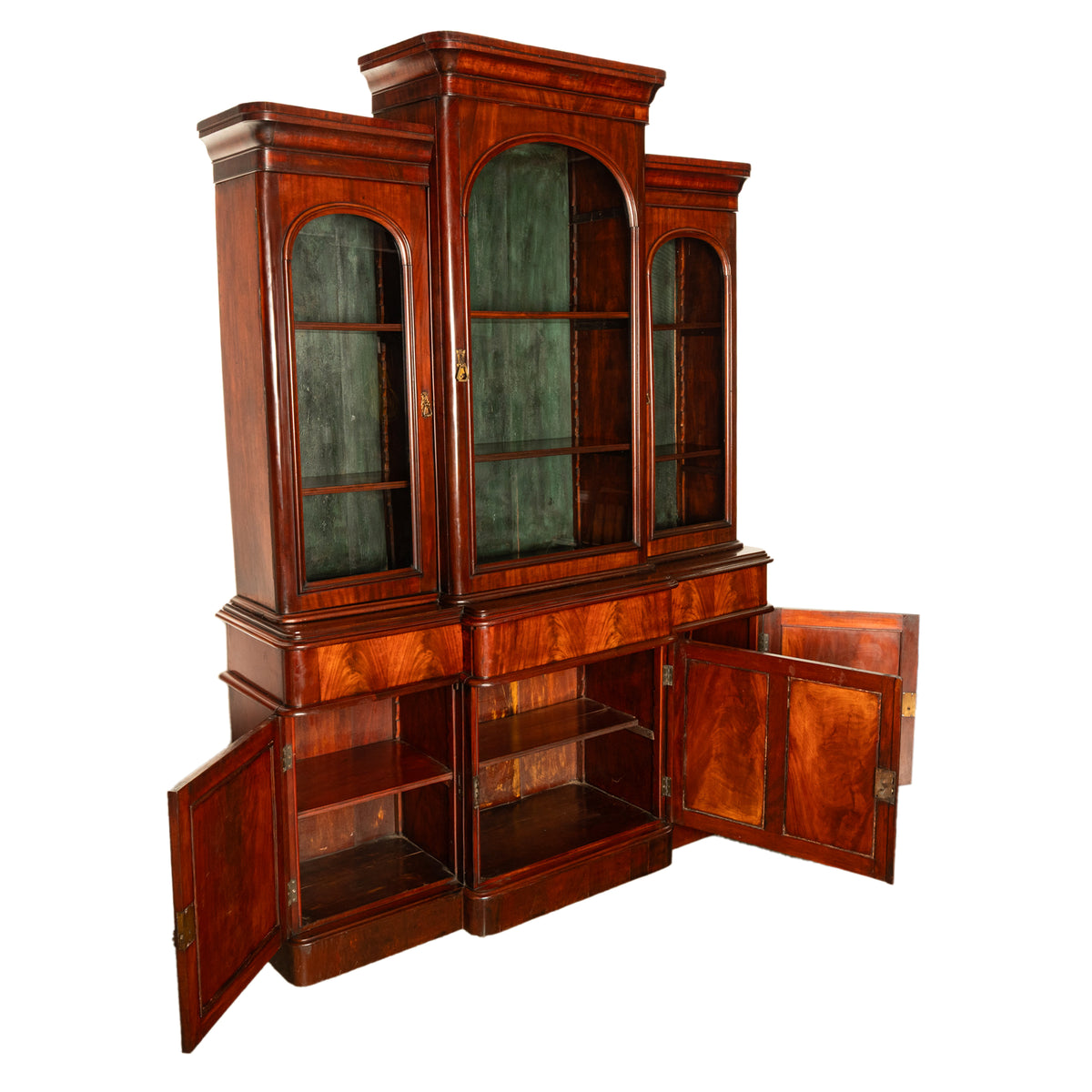 Antique 19th Century Large Breakfront Flame Mahogany Bookcase Bibliotheque 1850