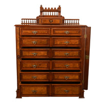 Antique American Burl Walnut Lock Side Eastlake Highboy Chest of Drawers 1870