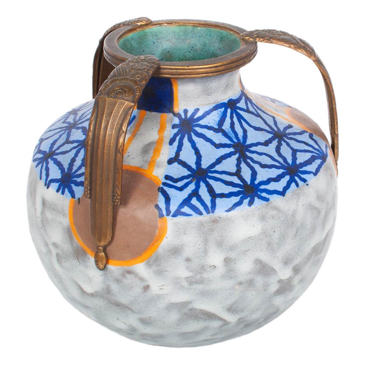 Antique French Art Deco Stoneware Pottery & Gilt Bronze Vase by André Villien 1925