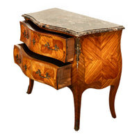 Antique French Louis XV Marble Top Ormolu Bombe Shape Inlaid Tulip-Wood Commode 1900