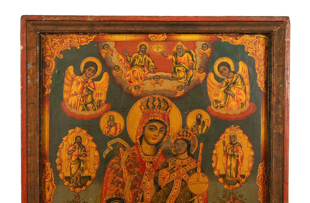 Antique 19th C Greek Orthodox Icon Virgin Mary & Jesus St. George & Dragon 1800