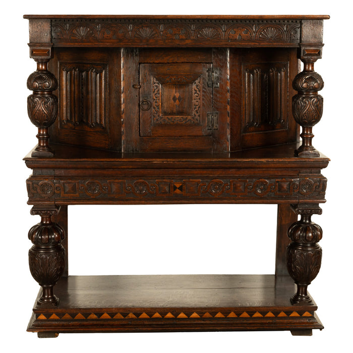 Antique 16th C Elizabethan Tudor Inlaid Oak Carved Court Cupboard Cabinet 1580