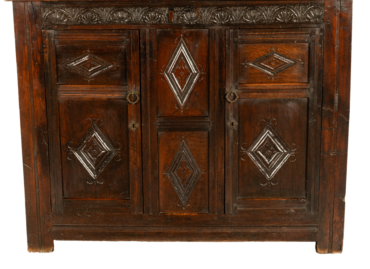 Antique English 17th Century Jacobean Charles I Carved Oak Court Cupboard Cabinet 1630
