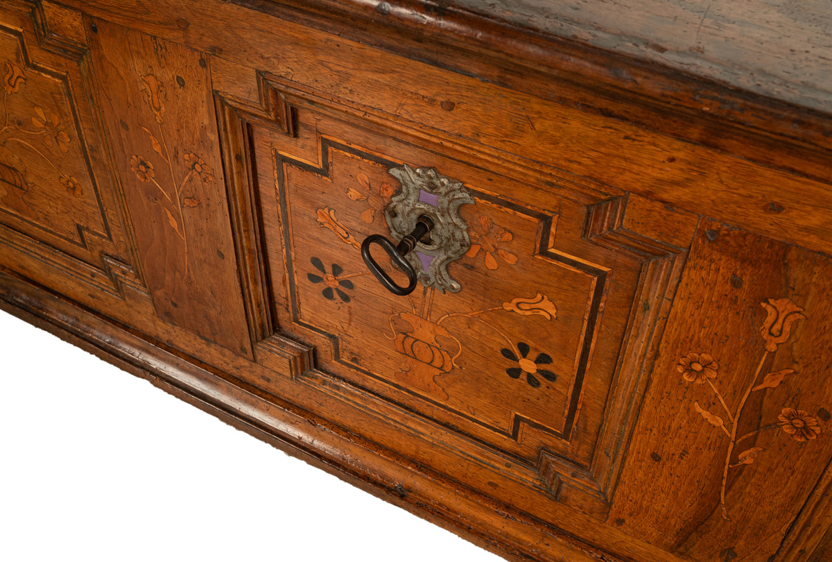 Antique German Baroque Inlaid Marquetry Dowry Chest Coffer Trunk Seat Bench 1700