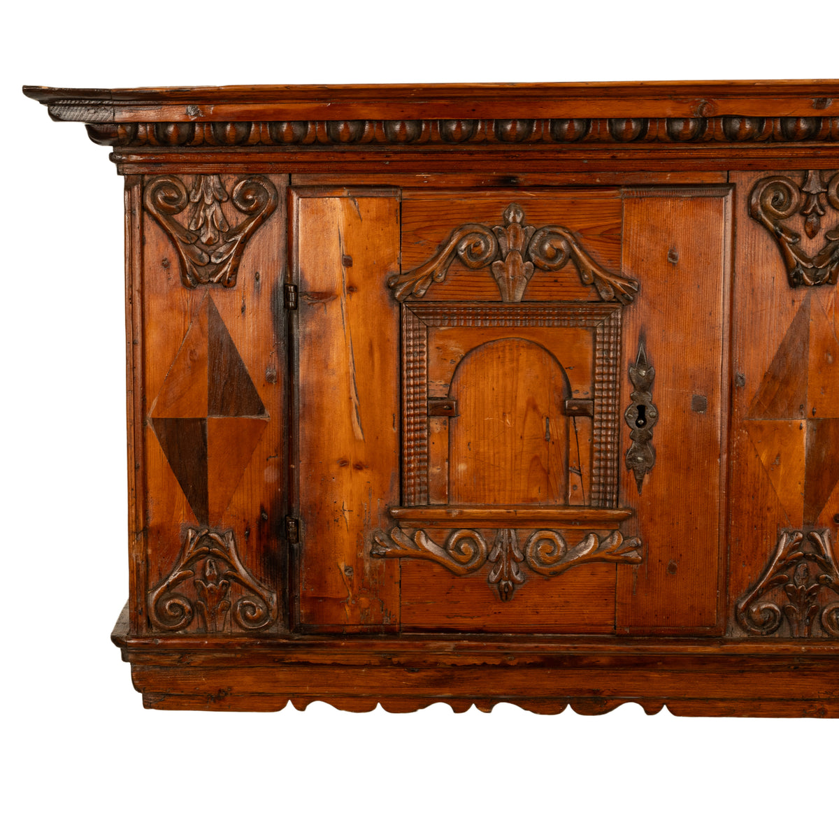 Antique 17th Century German Baroque Inlaid Carved Pine Walnut Wall Cabinet 1680