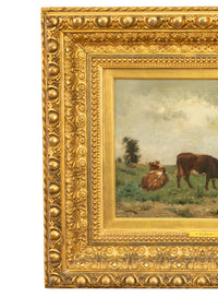 Antique French Oil on Canvas Painting Barbizon School Landscape Cows by Victor Jean Binet 1875