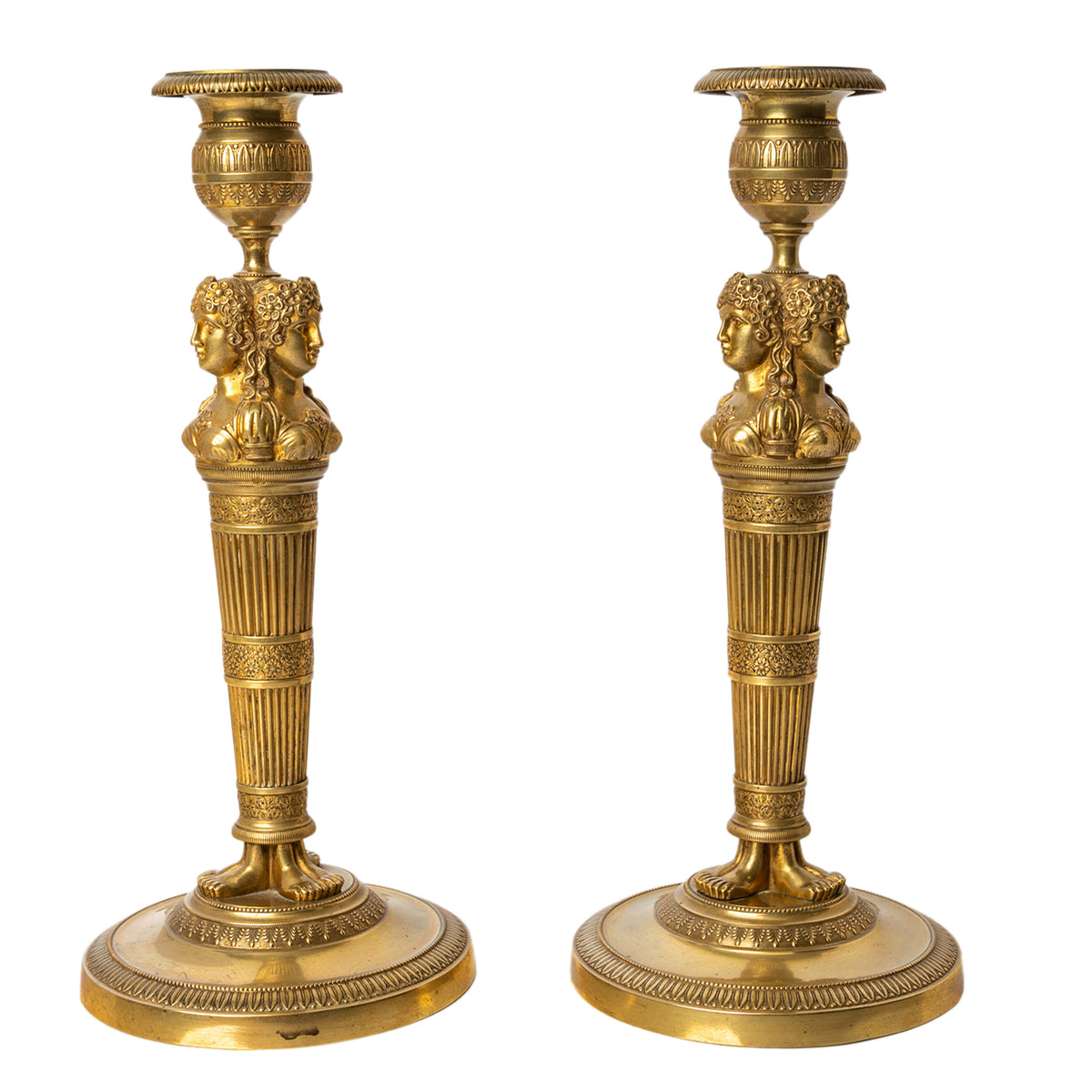 Pair Antique Early 19thC French Empire Neoclassical Gilt Bronze Candlesticks