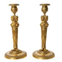 Pair Antique Early 19thC French Empire Neoclassical Gilt Bronze Candlesticks