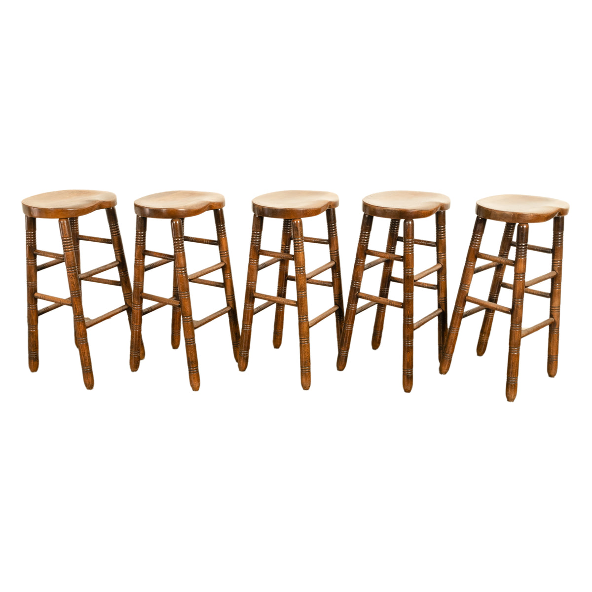 Antique Set of Five Antique Arts & Crafts Turned Elm Bar Sadle Seat Stools 1900