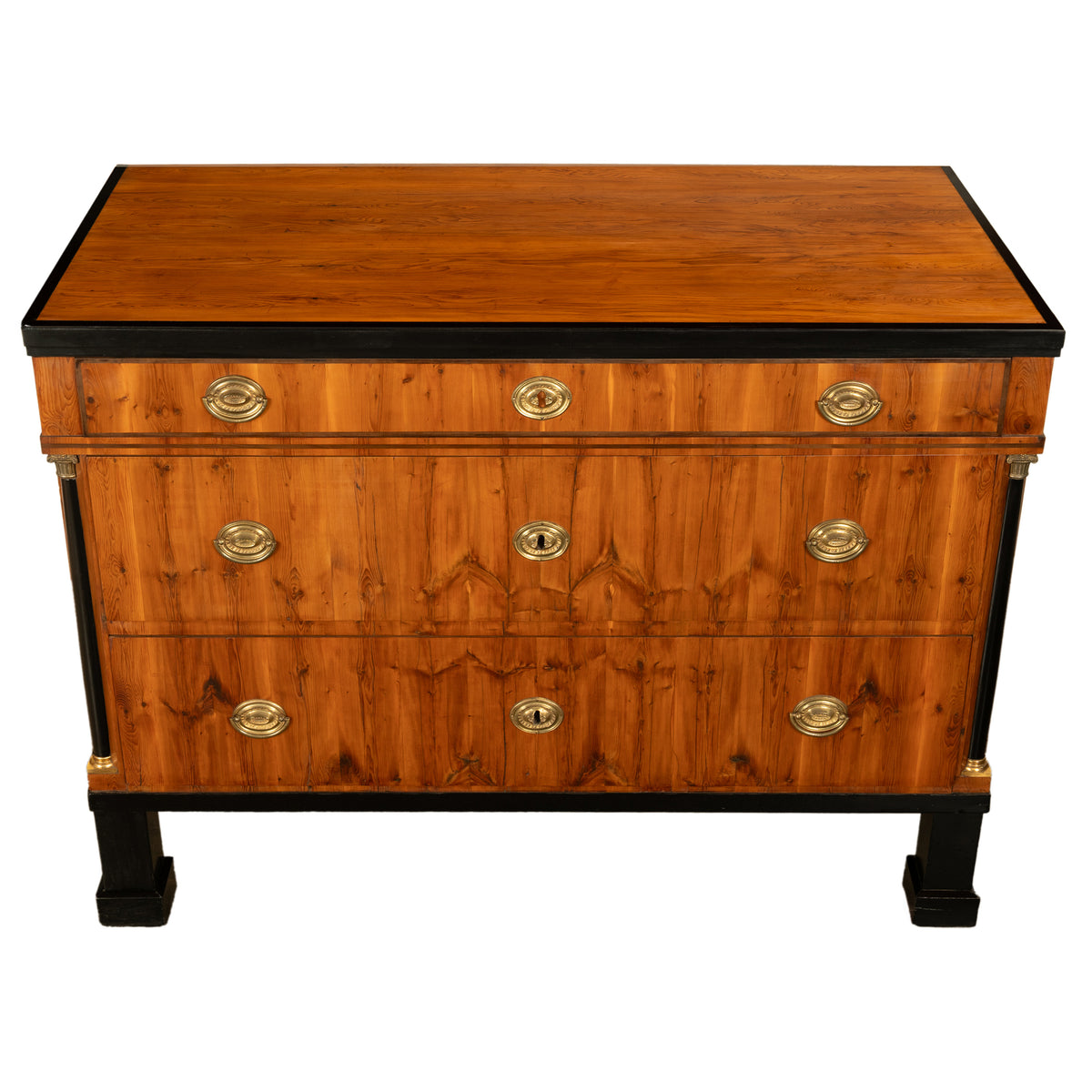 Antique Austrian Biedermeier Walnut Ebony Gilt Bronze Chest Drawers Commode 1820