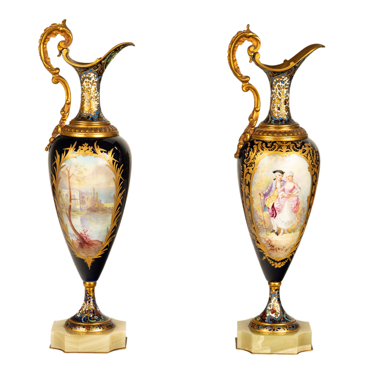 Pair Antique French Sevres Porcelain & Champleve, Ormolu Ewers Signed Rochette Circa 1890