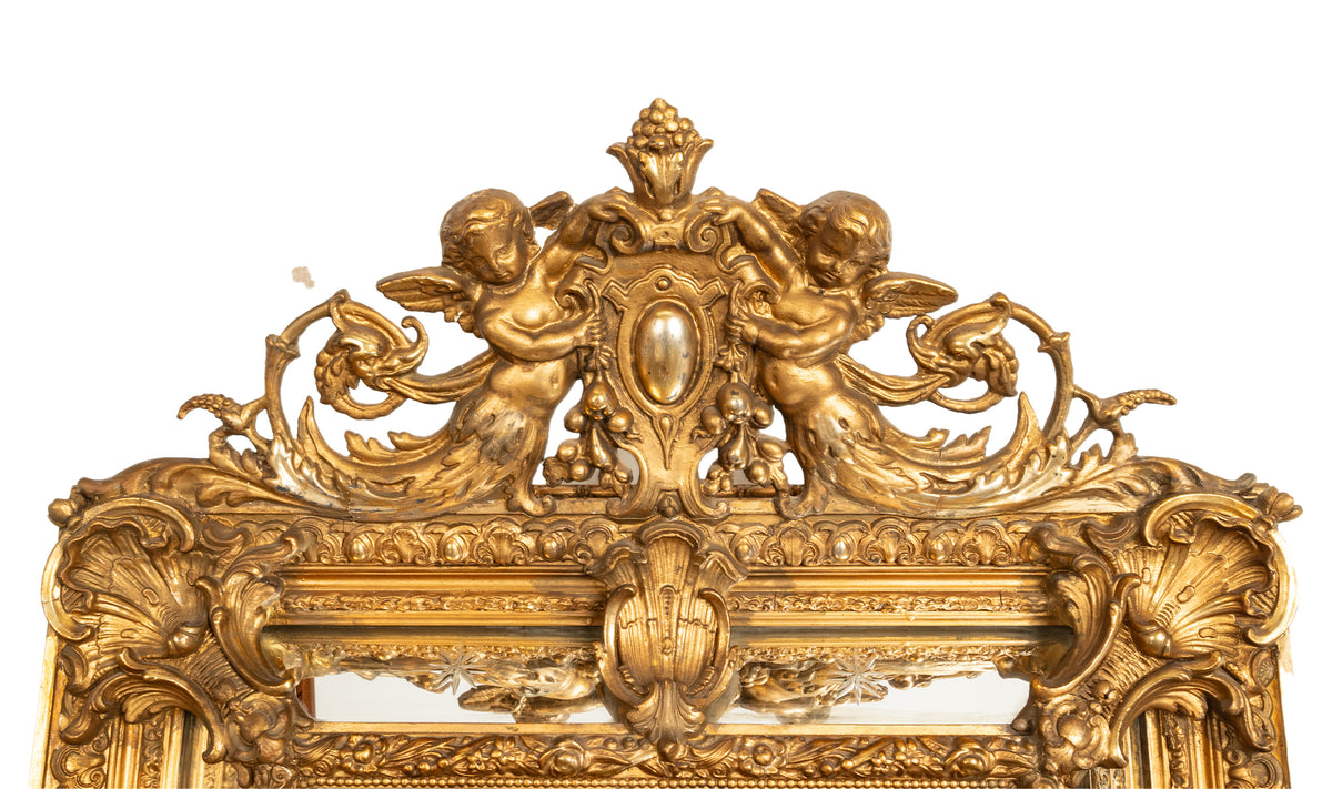 Antique French Giltwood Neoclassical Rococo Mirror Etched Stars Cherubs 1870