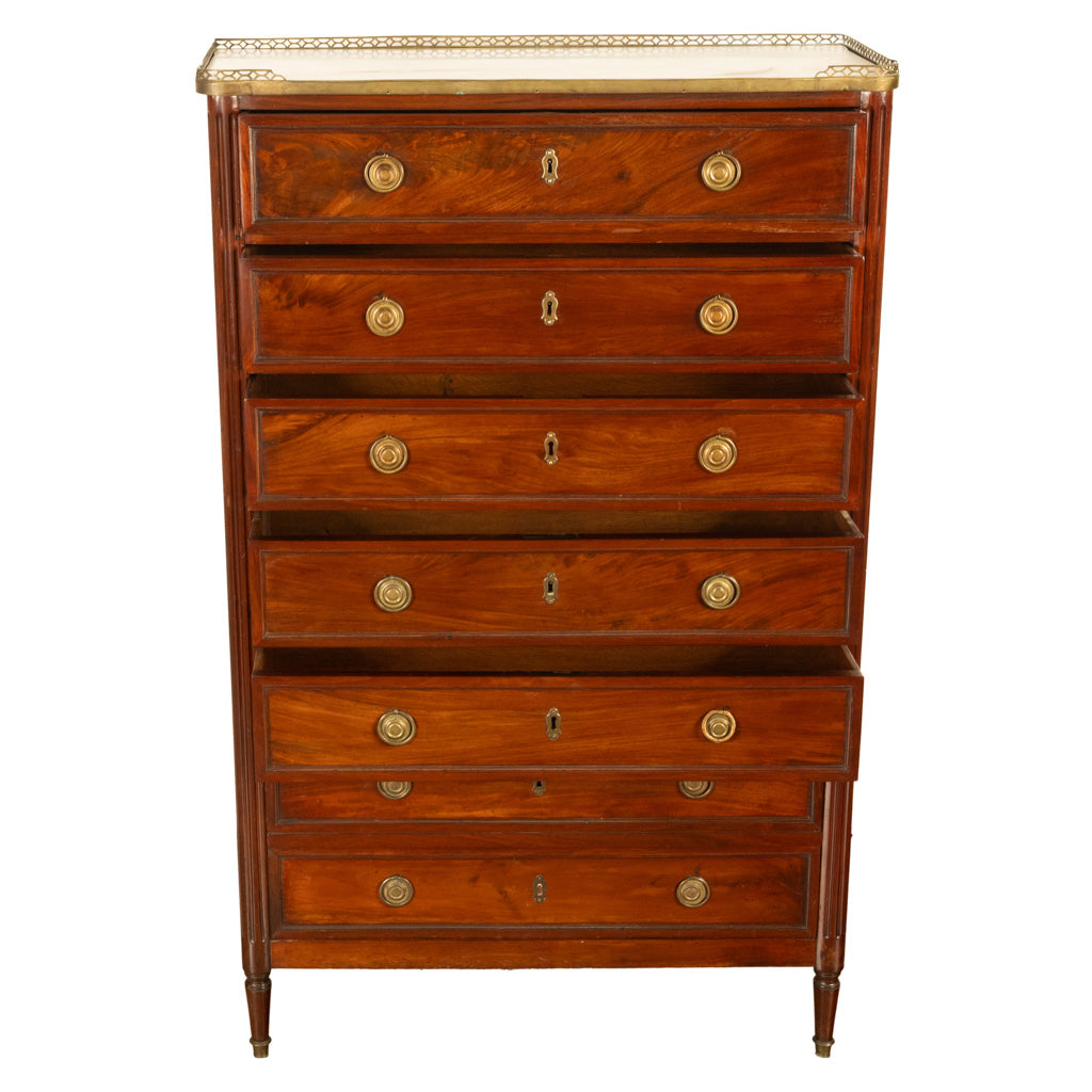 Tall Antique 19thC French Louis XVI Semainier Mahogany Marble Chest Drawers 1880