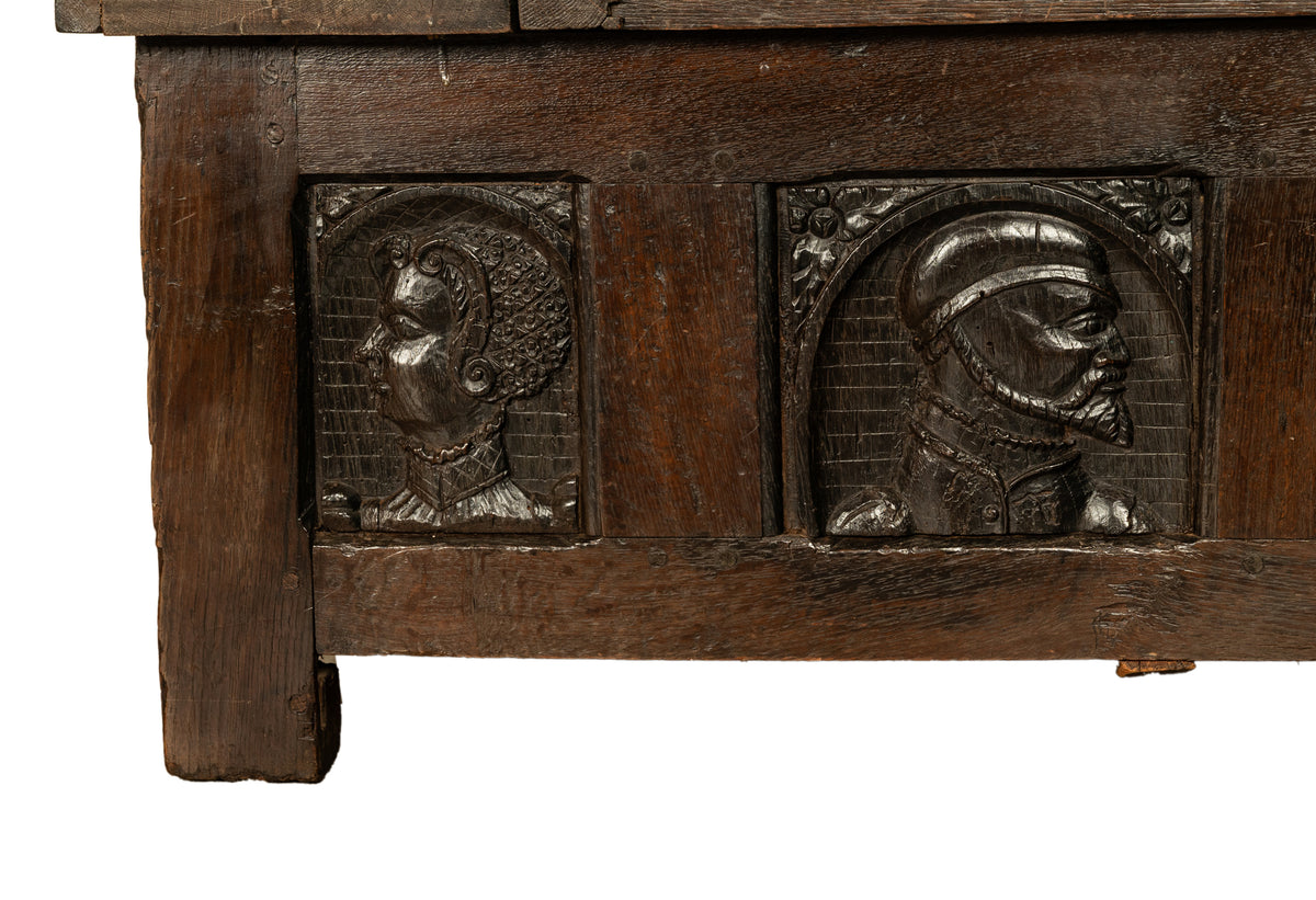 Antique French Brittany Carved Oak Bench with 16th Century Portrait Panels 1560