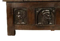 Antique French Brittany Carved Oak Bench with 16th Century Portrait Panels 1560