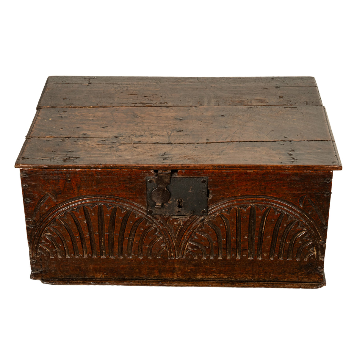 Antique 17th Century Charles II Carved Oak Bible Document Box 6 Plank Trunk 1680