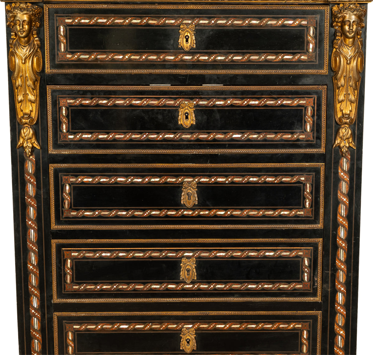 Antique French Napoleon III Mother-Of-Pearl Inlaid Ormolu Marble Top Secretaire Desk Chest 1860