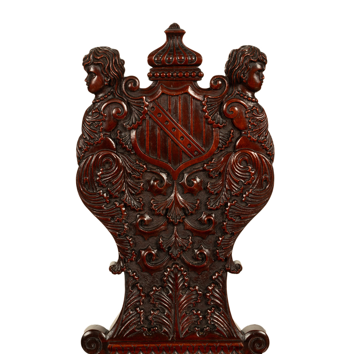 Antique Carved Italian Renaissance Revival Sgabello Chair Coat of Arms & Cherubs, 1870