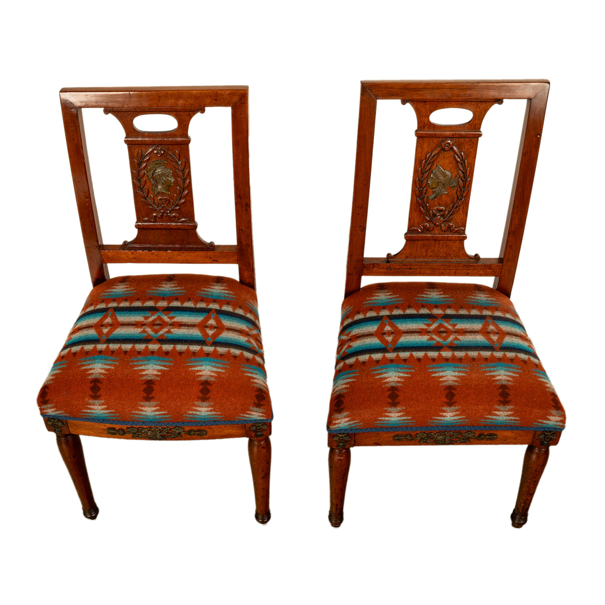 Pair Antique French Restauration His & Hers Greco-Roman Chairs Pendleton Fabric