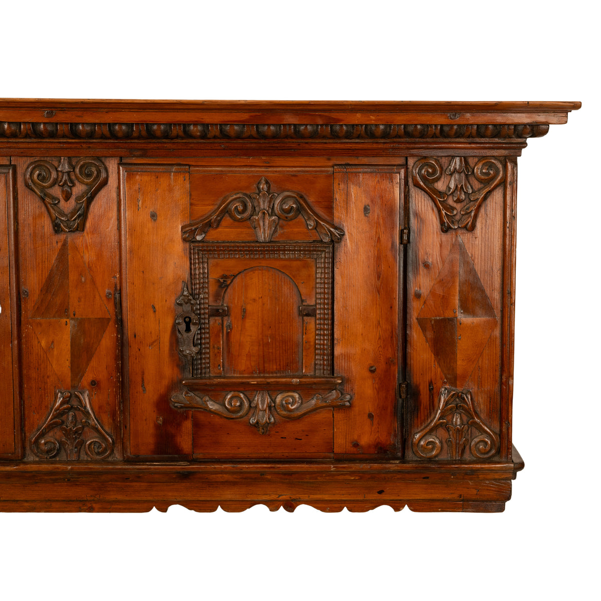 Antique 17th Century German Baroque Inlaid Carved Pine Walnut Wall Cabinet 1680