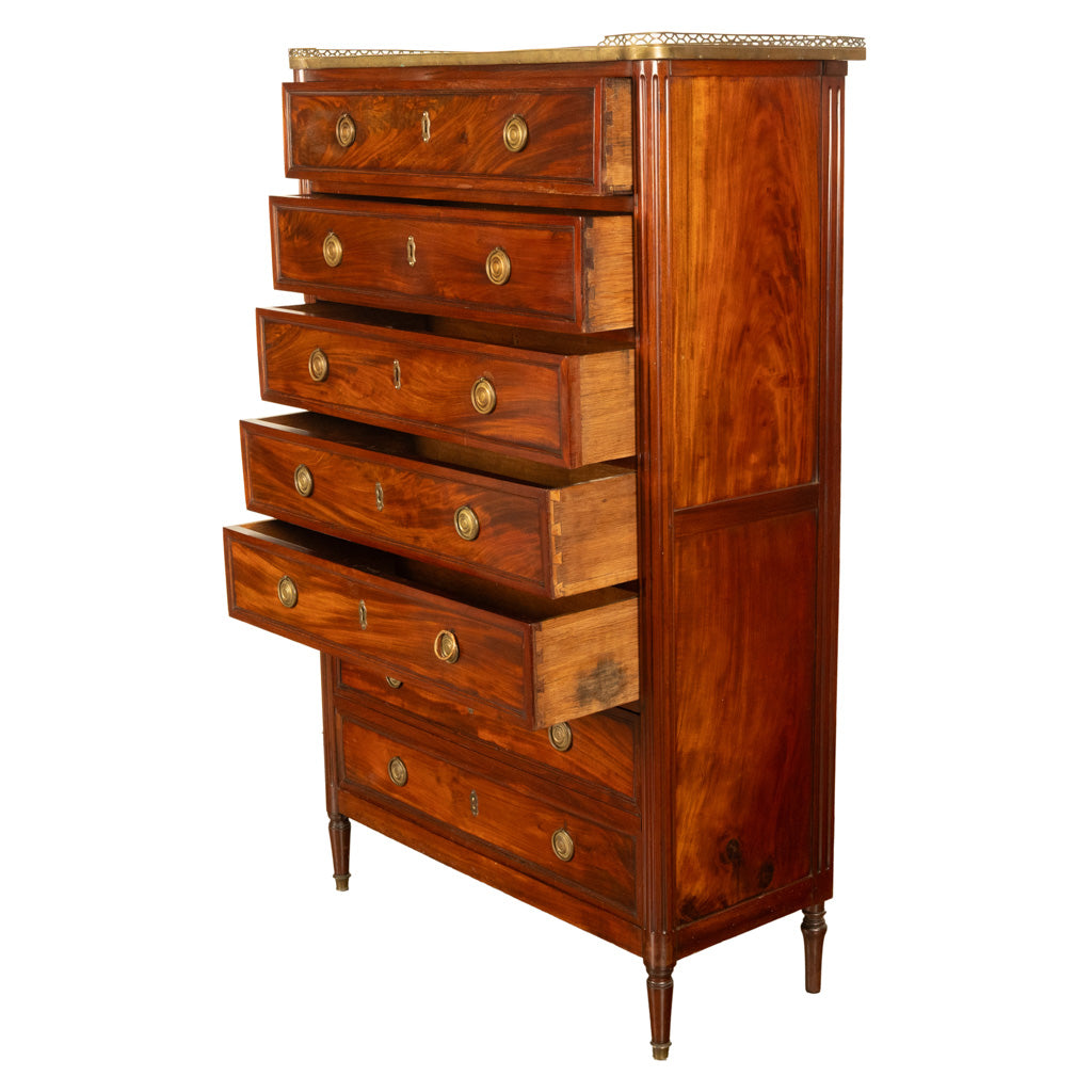 Tall Antique 19thC French Louis XVI Semainier Mahogany Marble Chest Drawers 1880