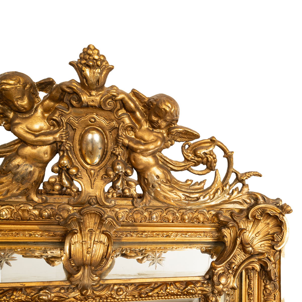 Antique French Giltwood Neoclassical Rococo Mirror Etched Stars Cherubs 1870