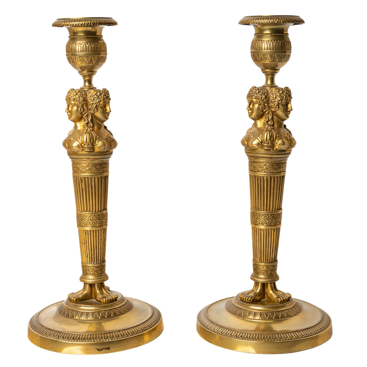 Pair Antique Early 19thC French Empire Neoclassical Gilt Bronze Candlesticks