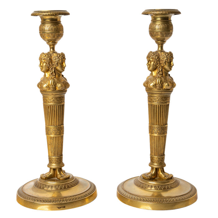 Pair Antique Early 19thC French Empire Neoclassical Gilt Bronze Candlesticks