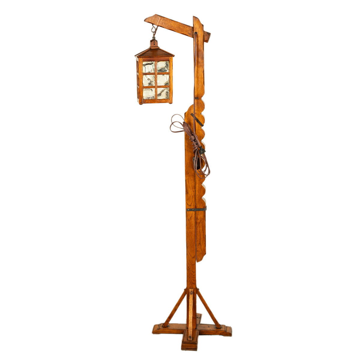 Antique Mission Arts Crafts Carved Oak Adjustable Floor Lamp Glass Lantern 1930