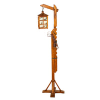 Antique Mission Arts Crafts Carved Oak Adjustable Floor Lamp Glass Lantern 1930