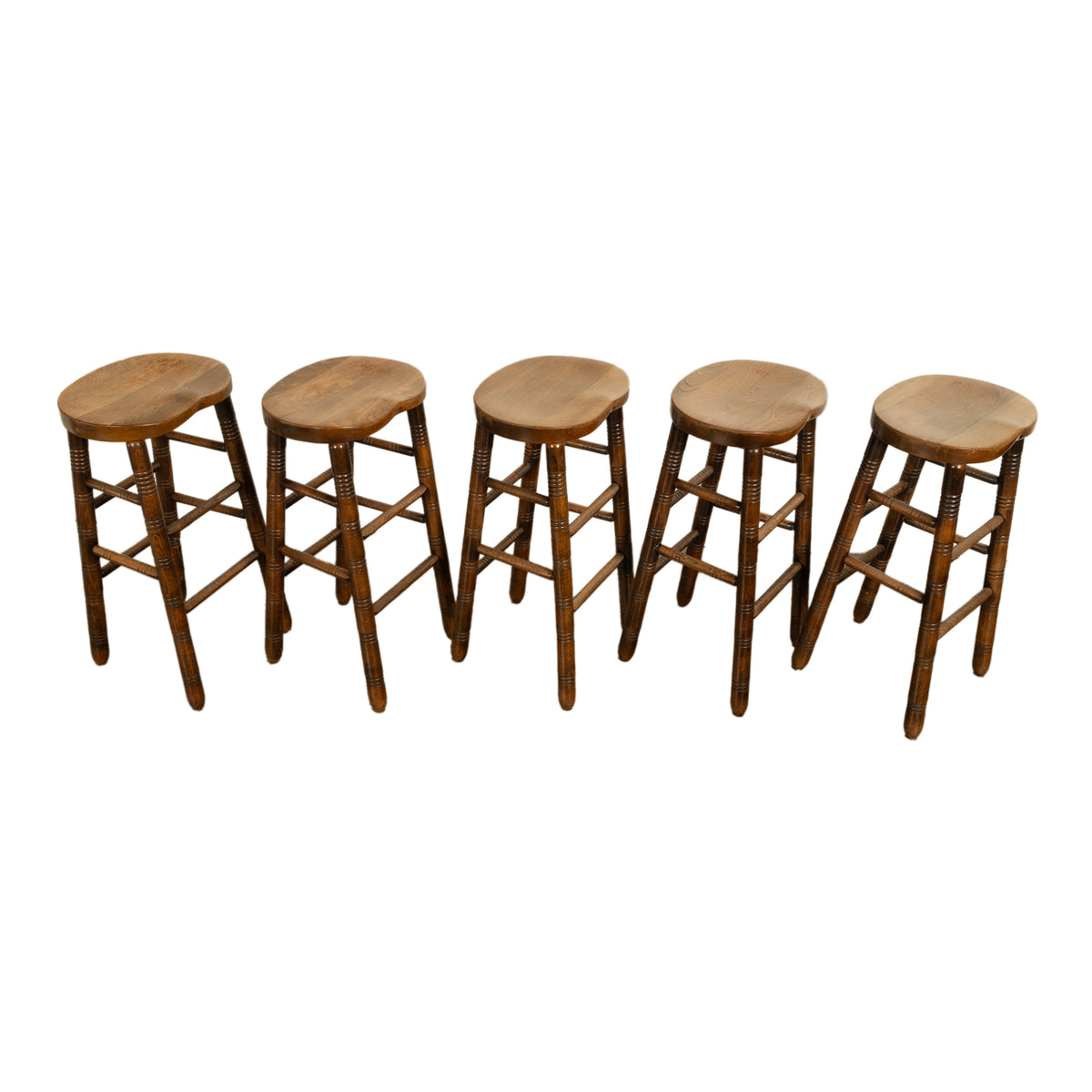 Antique Set of Five Antique Arts & Crafts Turned Elm Bar Sadle Seat Stools 1900