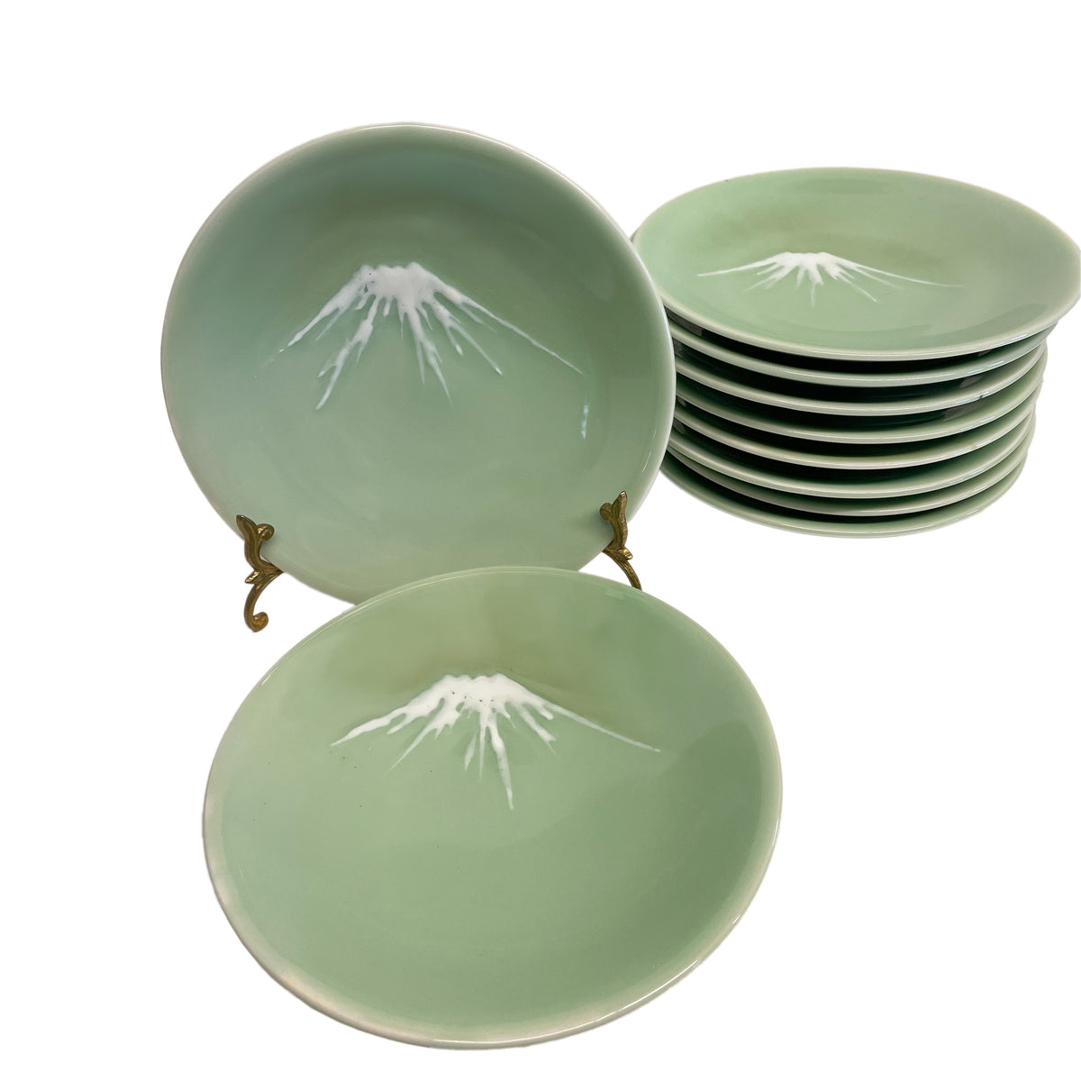 Antique Set of Ten Japanese Nabeshima Mt Fuji Celadon Pottery 8.5" Plates 1900