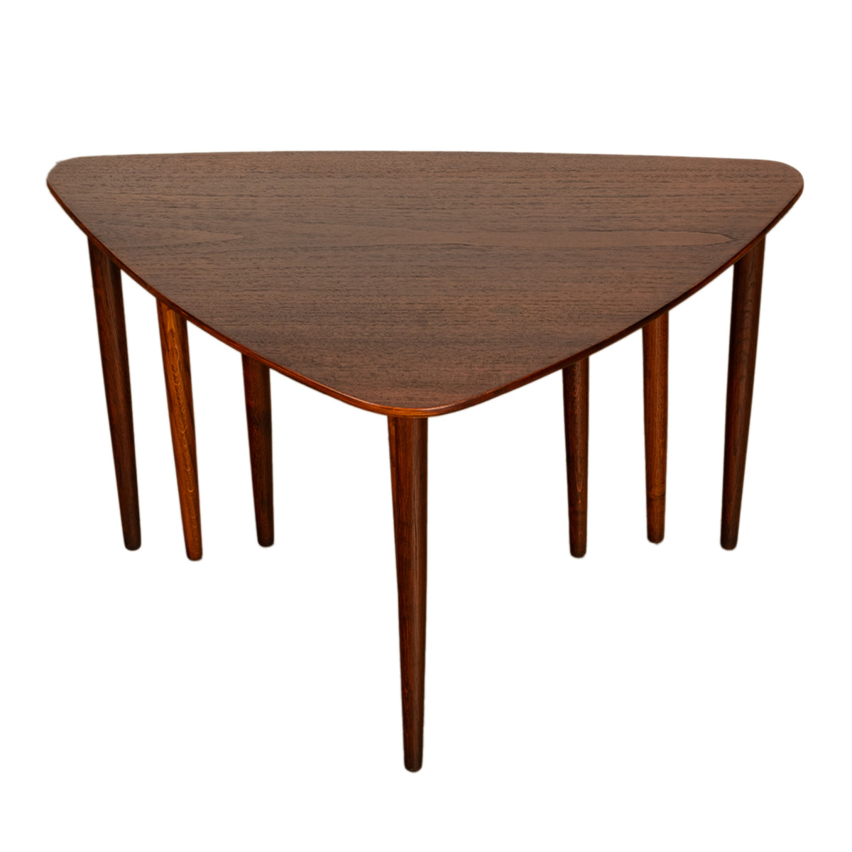 Danish Teak Mid Century Modern 'Guitar Pick' set of 3 Nesting Tables by Mogens Kold Mobelfabrik 1960s