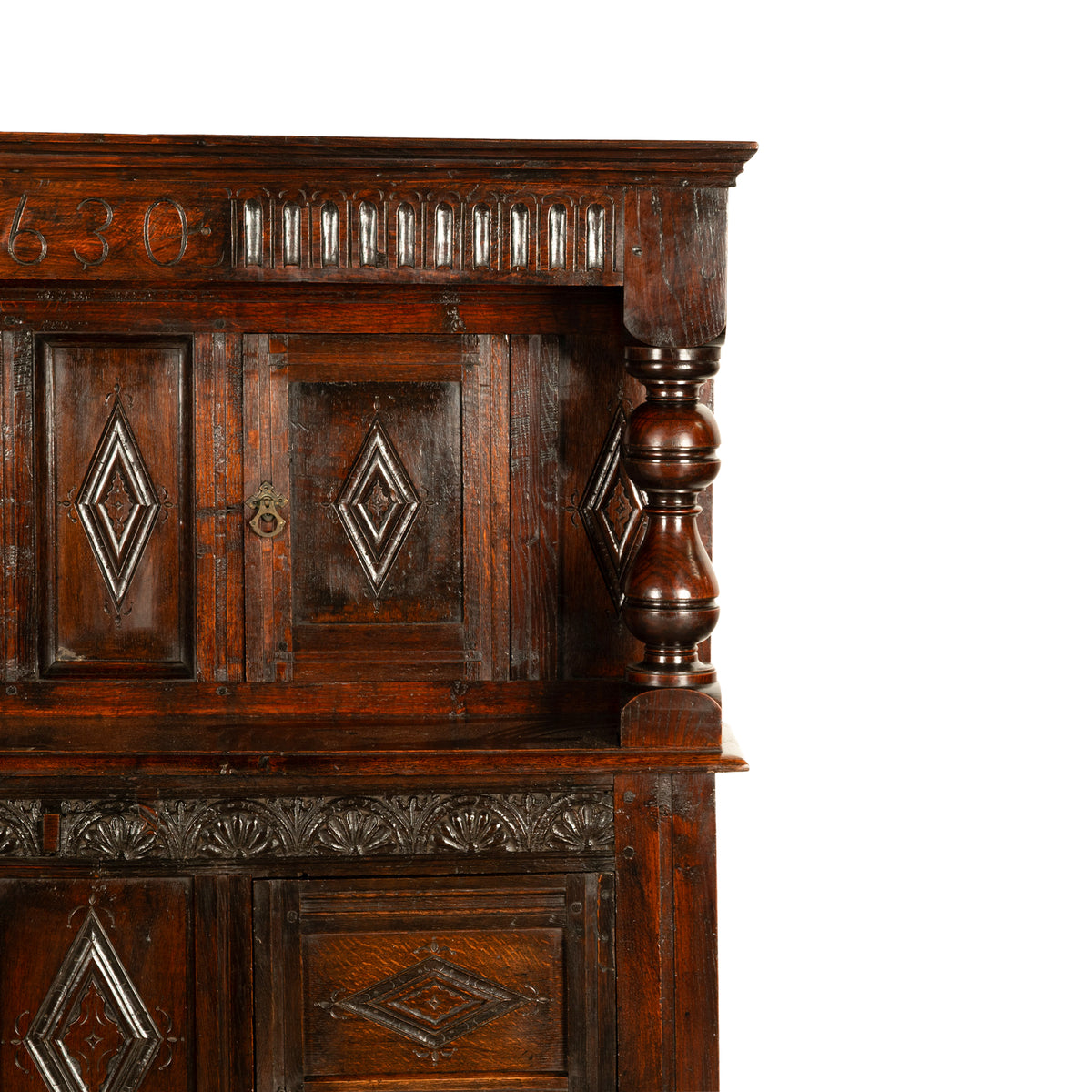 Antique English 17th Century Jacobean Charles I Carved Oak Court Cupboard Cabinet 1630