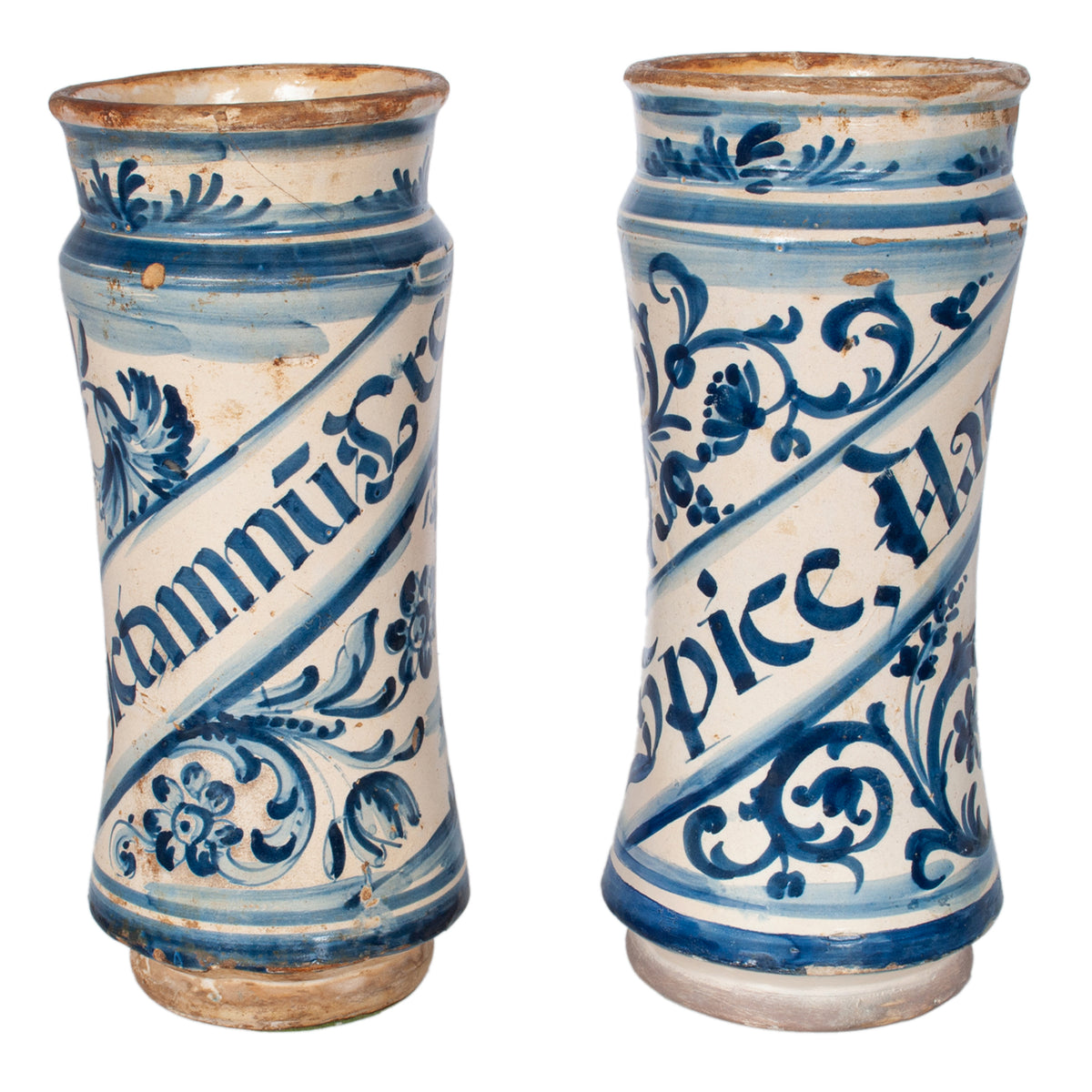 Pair Antique 17th Century Spanish Blue & White Pottery Albarelli Apothecary Jars 1680
