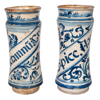 Pair Antique 17th Century Spanish Blue & White Pottery Albarelli Apothecary Jars 1680