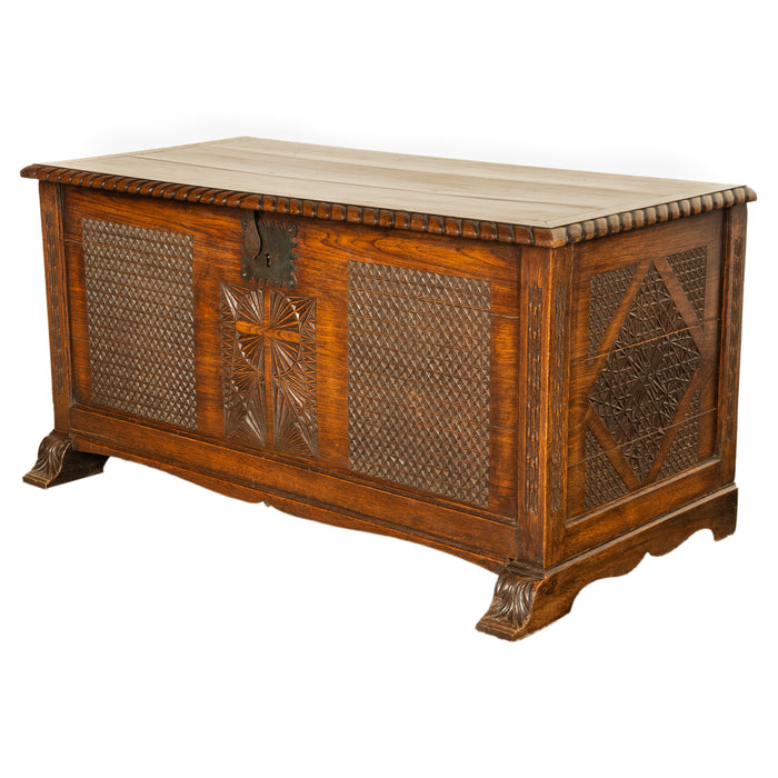 Antique French Gothic Revival Carved Oak Dowry Coffer Chest Bench Seat 1820