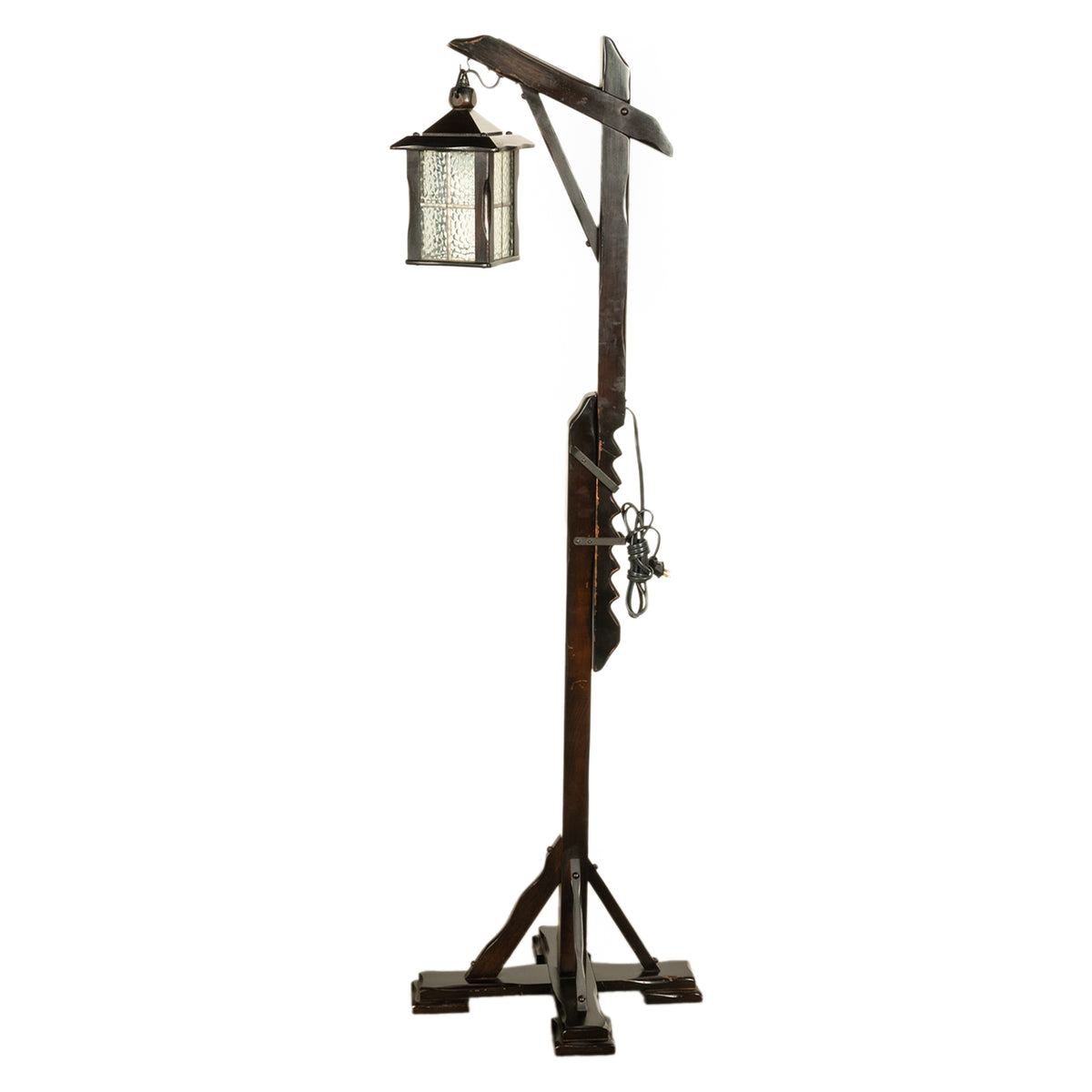 Antique Mission Arts Crafts Carved Oak Adjustable Floor Lamp Glass Lantern 1930