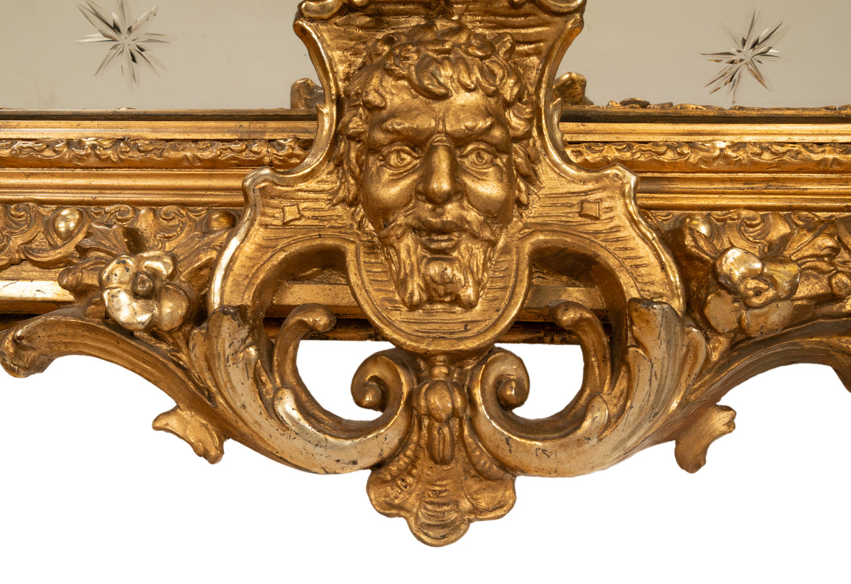 Antique French Giltwood Neoclassical Rococo Mirror Etched Stars Cherubs 1870