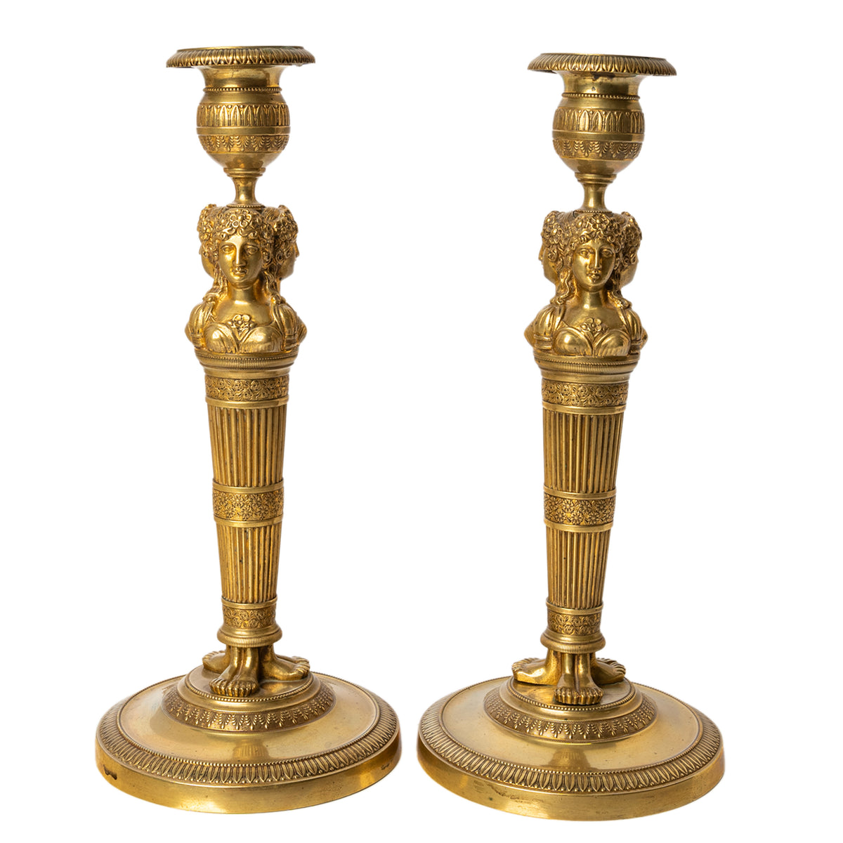 Pair Antique Early 19thC French Empire Neoclassical Gilt Bronze Candlesticks
