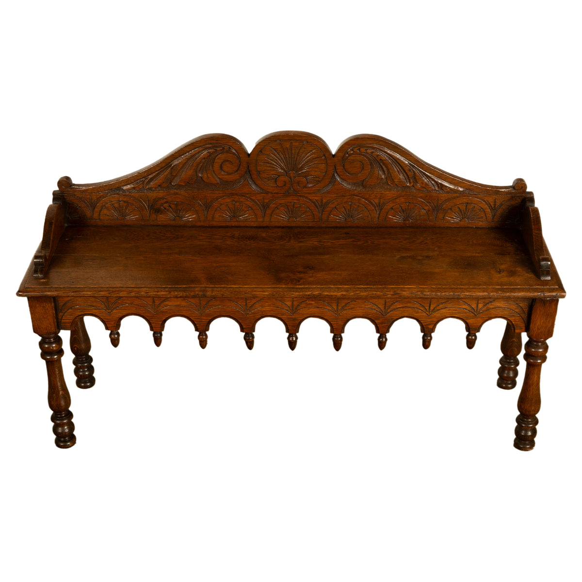 Antique English 19th Century Victorian Carved Oak Hall Window Seat Bench 1890