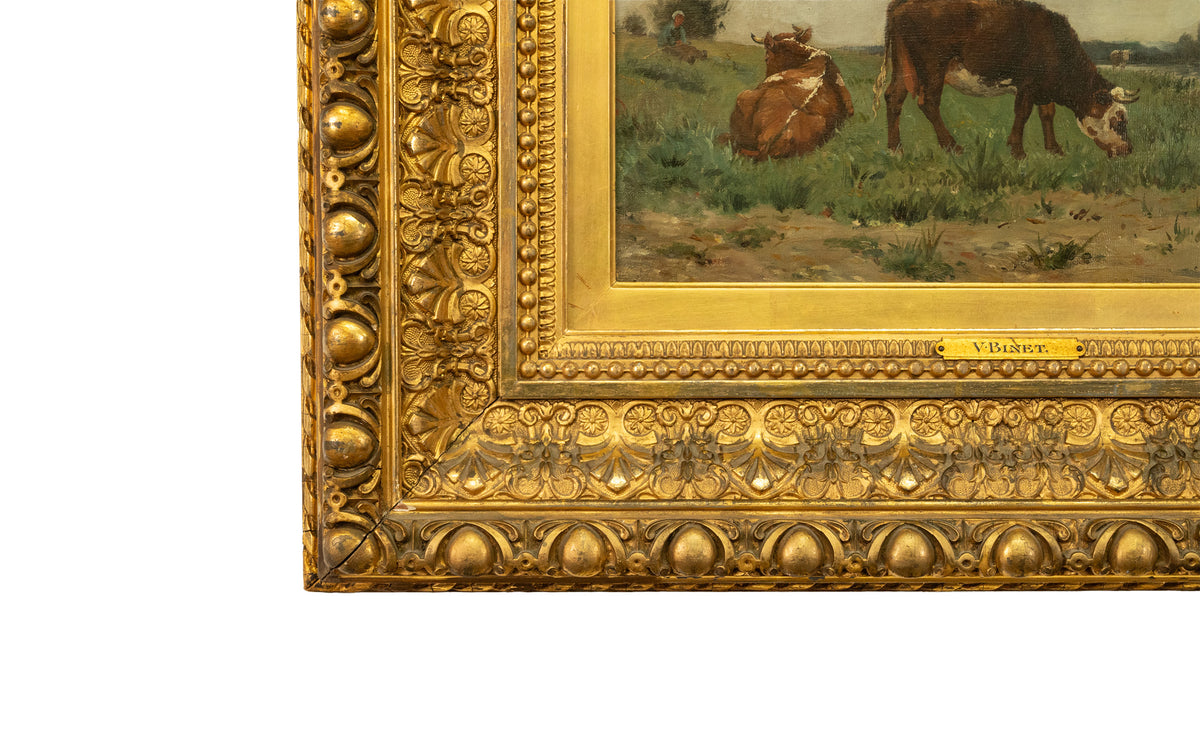 Antique French Oil on Canvas Painting Barbizon School Landscape Cows by Victor Jean Binet 1875