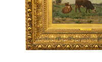 Antique French Oil on Canvas Painting Barbizon School Landscape Cows by Victor Jean Binet 1875