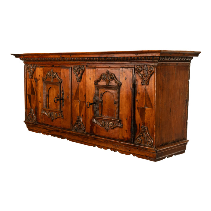 Antique 17th Century German Baroque Inlaid Carved Pine Walnut Wall Cabinet 1680