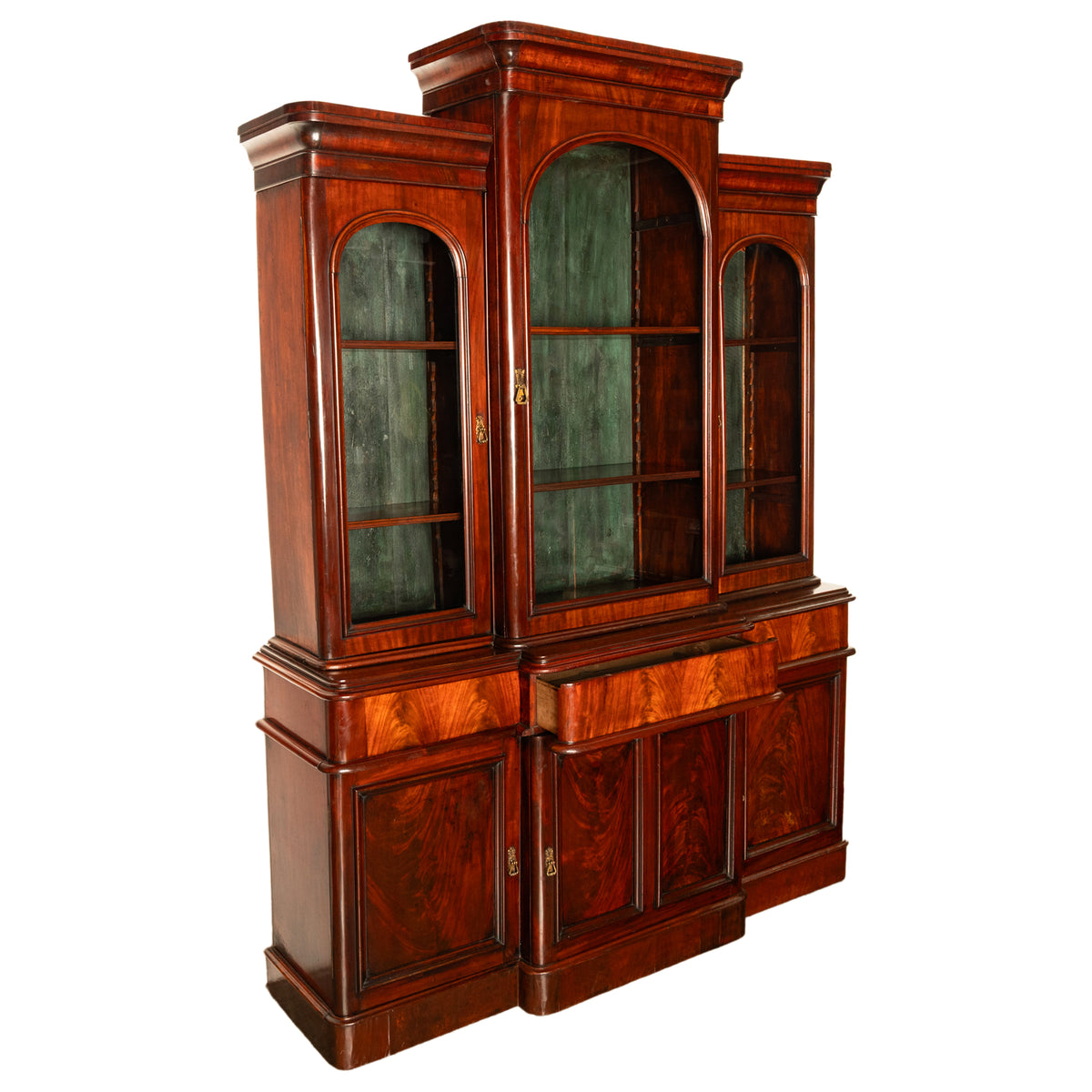 Antique 19th Century Large Breakfront Flame Mahogany Bookcase Bibliotheque 1850