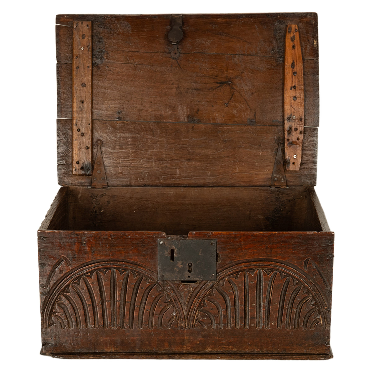 Antique 17th Century Charles II Carved Oak Bible Document Box 6 Plank Trunk 1680