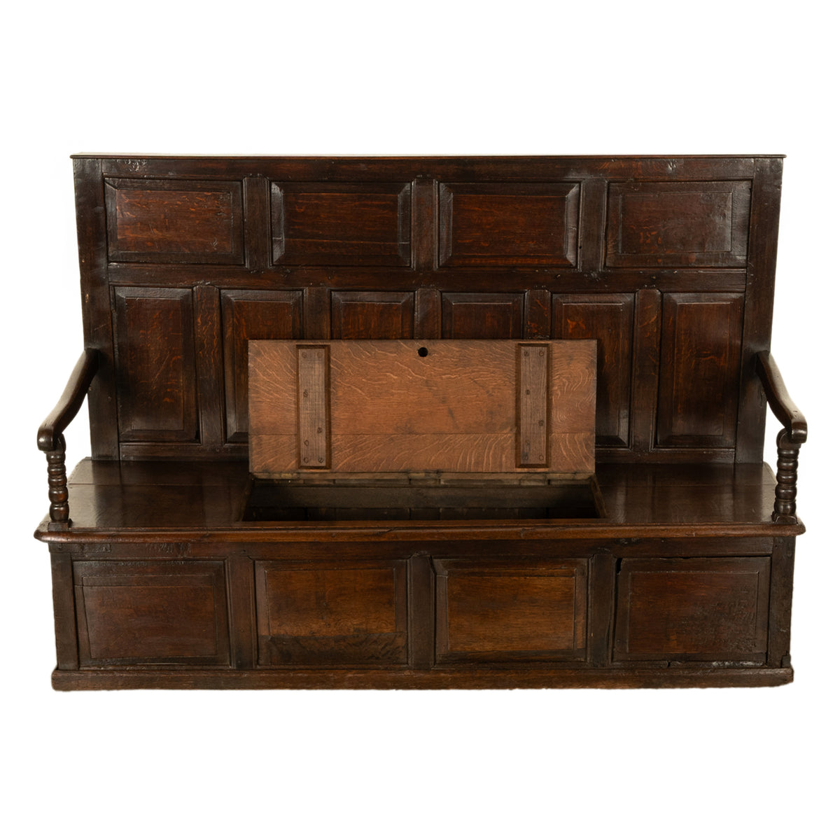 Antique 18th Century Georgian Oak Paneled Box Pub Tavern Settle Bench 1750