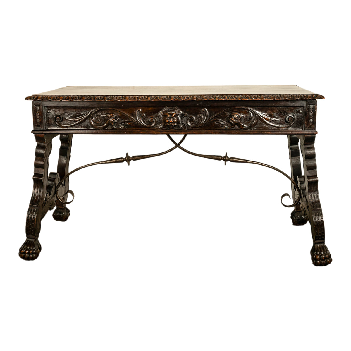 Antique Spanish Baroque Hand-Carved Walnut & Iron Trestle Desk & Chair 1860