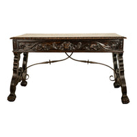 Antique Spanish Baroque Hand-Carved Walnut & Iron Trestle Desk & Chair 1860